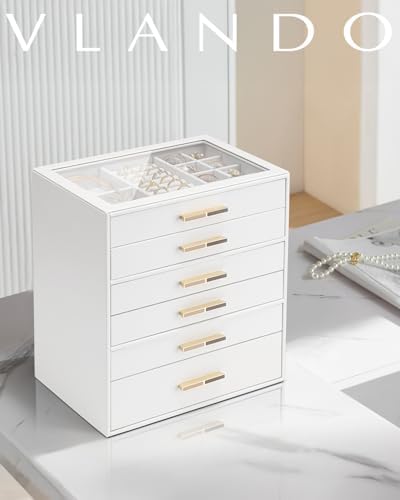 VLANDO 6 Layer Jewelry Box for Women, Glass Lid Jewelry Organizer with 6 Drawers for Necklaces Rings Earrings Bracelets - White - Image 2
