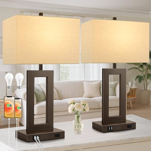 TOBUSA 28" Brown Modern Table Lamp Set of 2 with 2 USB Ports&AC Outlet by TOBUSA