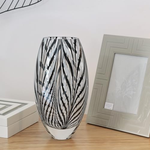 Murano Style Glass Vase Hand Blown Black and White Feather Pattern Effect - Image 6