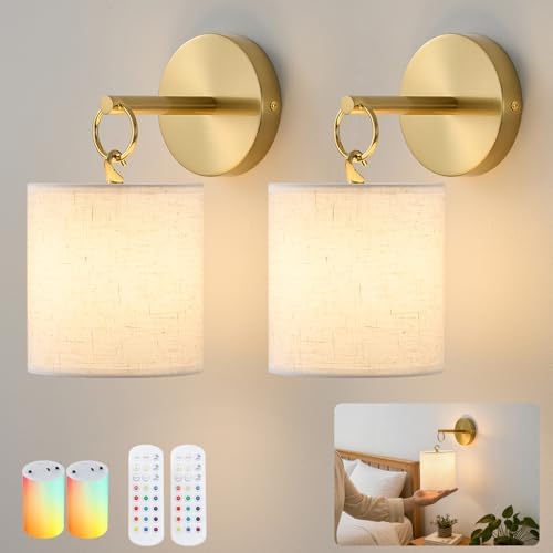 Detachable Wall Sconces Battery Operated With Hanging Hook,10000mah Battery Operated Wireless Wall Sconces Set of Two,12 RGB Gold Sconce With Remote,Renter Friendly Wall Lamps for Living Room,Bedroom by Aklswylb