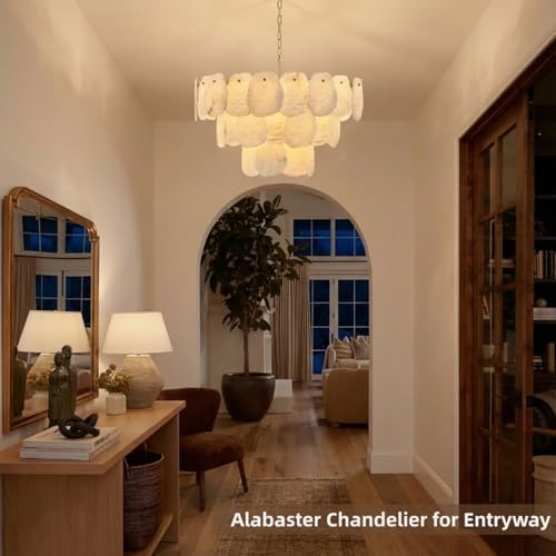 32″ Alabaster Chandelier, 16-Light Marble Round Chandelier, Modern Dining Room Chandeliers, 3 Tiers White & Brass Alabaster Chandeliers for Living Room Bedroom Bathroom Kitchen Foyer - Image 6