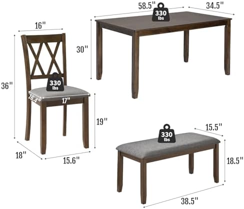 Zevemomo 6-Piece Solid Wood Dining Table Set, for Dining Room, Walnut - Image 2