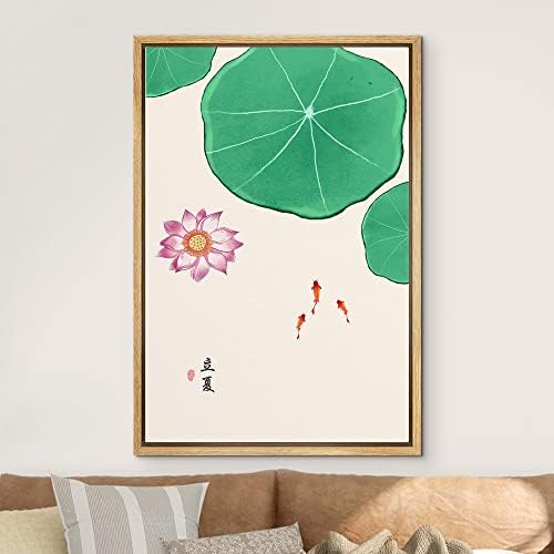 NWT Framed Canvas Print Wall Art Watercolor Chinese Style Lily Pads, Lotus & Fish Nature Wilderness Illustrations Modern Art Rustic Colorful Pastel for Living Room, Bedroom, Office - 24"x36" Natural - Image 3
