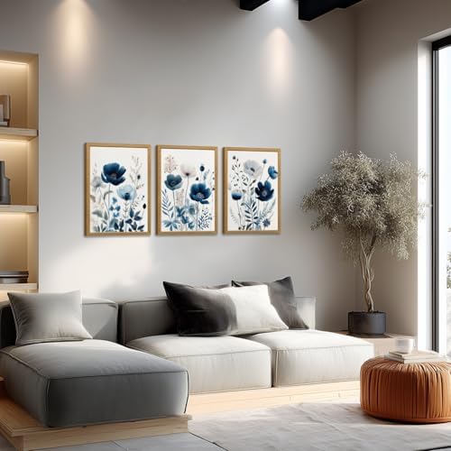 LLEEMPI Navy Blue Floral Wall Art Set of 3, 12x16 Wood Framed Canvas Prints - Image 3