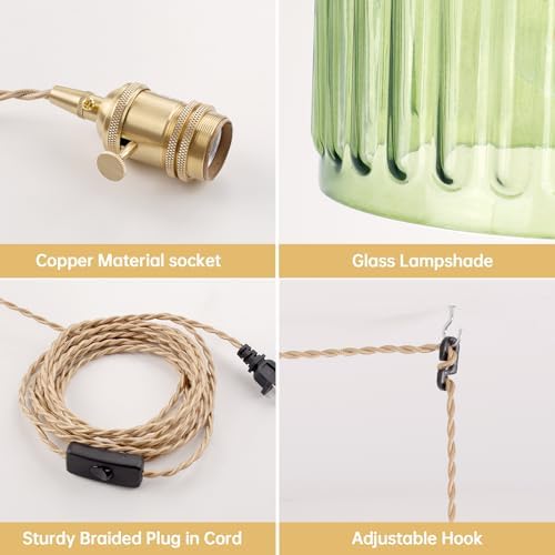 Shenmoyl Plug in Pendant Light Hanging Light Fixtures with Plugin Cord On/Off Switch,Green Striped Glass Lampshade Brass Pendant Light - Image 5