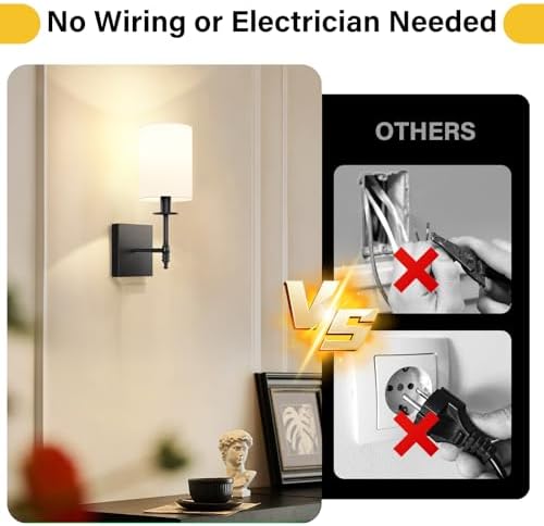 14 Inch Black Battery Operated Wall Sconces Set of 2, Rechargeable Wireless Wall Lights with Remote & White Fabric Shade, Indoor Not Hardwired Dimmable Wall Lamps for Bedroom, 2 Bulbs Included - Image 2