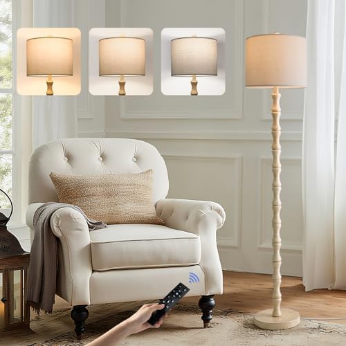 BOBOMOMO 62" Rustic Farmhouse Floor Lamp Antique White with Remote & Dimmable 9W Bulb, 3 Color Temperatures Resin Standing Lamp, Retro Tall Lamp for Living Room, Bedroom, Nursery, Office, Reading Nook by BOBOMOMO