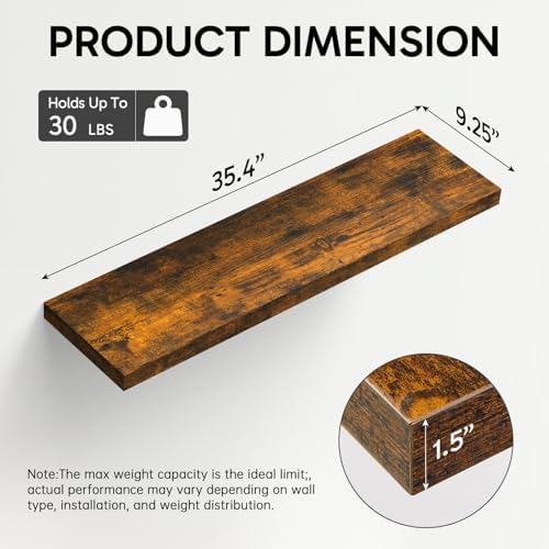 BAYKA Floating Shelves for Wall, 36 inches Wall Mounted Rustic Wood Shelves for Bathroom, Bedroom, Living Room, for Storage/Decor with 30lbs Capacity（Rustic Brown,Set of 3 - Image 3