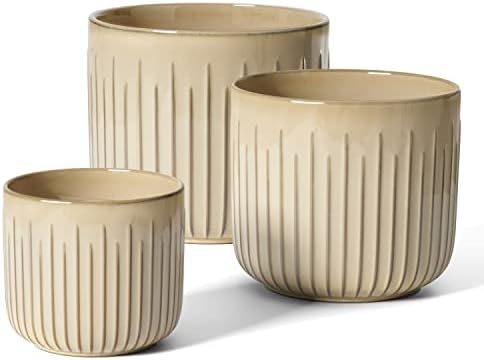 LE TAUCI Ceramic Pots for Plants, 8.3/7/6 Inch Indoor Planters with Drainage Holes & Mesh, Modern Glossy Glaze Cylinder Fluted Plant Pot for Snake Plant, Set of 3, Sand Beige by LETAUCI