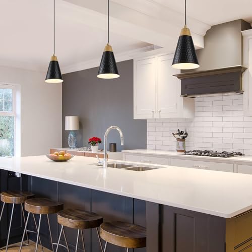 Dijiahua Black Kitchen Pendant Lighting Over Island 3 Pack,Small Modern Farmhouse Chandeliers with Hammered Metal Cone Shade,Mini Industrial Adjustable Cord Hanging Ceiling Lamp Fixtures Over Sink - Image 3