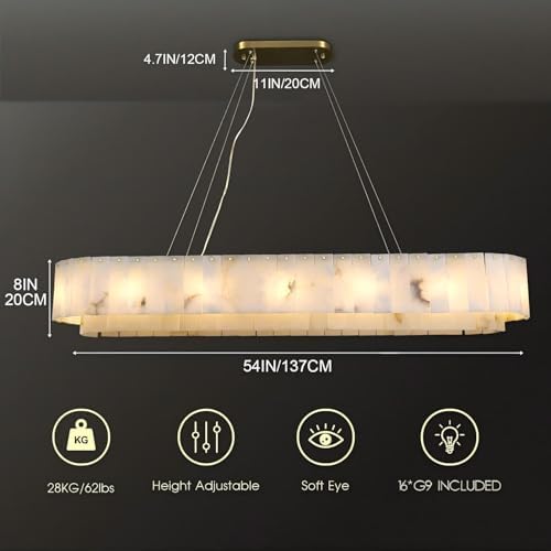 L54in Alabaster Chandelier for Dining Room, Rectangular Modern Chandelier, Spanish Natural Marble Chandeliers, 2-Tiers Pendant Lights Kitchen Island, Chandelier for Living Room, For Foyer, Entryway - Image 5