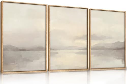 LHIUEM Large Abstract Neutral Beige Pastel Framed Canvas Wall Art,Modern Watercolor Lakes Wall Decor,Nature Mountain Minimalist Artwork for Living Room,Bedroom,Dining Room,Office-16 x24 x3 by LHIUEM