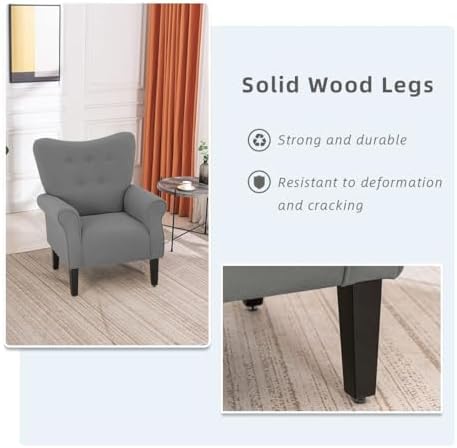 YOLENY Modern Accent Chair,High Back Armchair,Upholstered Fabric Button Single Sofa with Wooden Legs for Living Room,Bedroom,Club,Grey - Image 5
