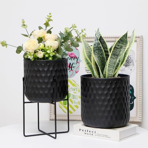 TRIROCKS Set of 2 Metal Planters with Stand, Small Indoor Plant Pots 8" D x 18" H & 7" D x 12" HModern Decorative Flower Pots for Living Room, Entryway, Office, Balcony(Black) - Image 6