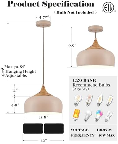 ELYONA 12 Inch Modern Japandi Pendant Light for Kitchen Island Farmhouse Hanging Lamp with Faux Pine Wood Grain Metal Shade, Adjustable Wabi Sabi Ceiling Fixture for Dining Room Bedroom,Light Brown - Image 5