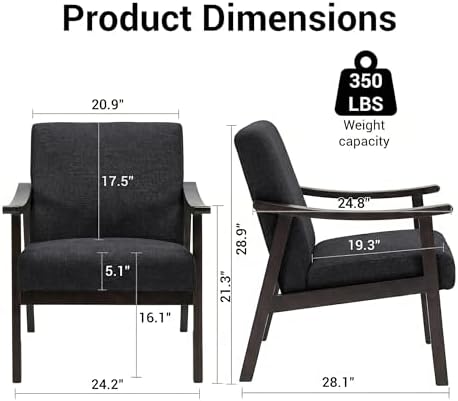 Accent Chair, Mid Century Modern Armchair, Solid Wood Arm Chair, Upholstered Comfy Reading Chair for Living Room, Bedroom, Waiting Room, Dark Gery - Image 2