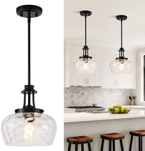 Modern Pendant Lights Kitchen Island, Matte Black Pendant Light Fixtures with 10" Clear Hammered Glass Shade, Industrial Hanging Pendant Lights Fixture for Kitchen Island Dining Room Bedroom Entryway by BringBrightnesstoYourLife