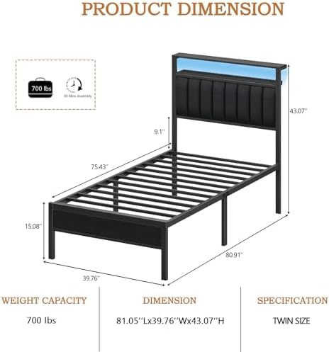Furnulem Twin Size Bed Frame with Charging Station and LED Lights - Image 2
