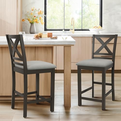 COLAMY Bar Stools Set of 2, Counter Height Bar Stools, Mid Century Modern Barstools with Back, Wood Barstools for Kitchen Dining Room Bar, Dark Grey by COLAMYHOME
