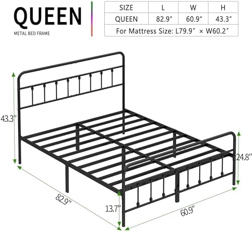 Queen Size Metal Bed Frame with Headboard and Footboard,Black - Image 2