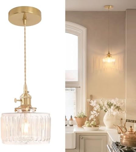 Shenmoyl Pendant Light with Clear Striped Glass Lmapshade, Brass Vintage Pendant Light Adjustable Hanging Light for Kitchen Island Dining Room Hallway by Shenmoyl
