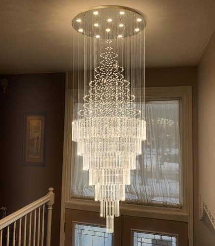 HAIXIANG W32 x H120 Glam Chandelier with LED Bulbs Crystal Raindrop High Ceiling Pendant Light for Entrance Large Villa Chandelier Foyer Lighting Fixtures Gold - Image 6