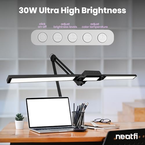 Neatfi Pro LED Desk Lamp | 3,000 Lumens | Dimmable 30W Desk Light | 360 SMD LEDs | CRI 95 | Adjustable Color Temperature | Home, Office, or Workbench (Black, 41-Inch, CCT with Clamp) - Image 2