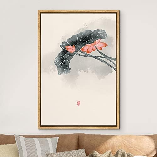 NWT Framed Canvas Print Wall Art Watercolor Chinese Style Red & Pink Lotus Flowers Nature Wilderness Illustrations Modern Art Rustic Colorful Pastel for Living Room, Bedroom, Office - 24"x36" Natural - Image 3