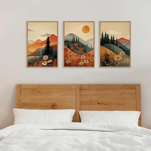 LHIUEM Large Boho Mountain Sunset Framed Canvas Wall Art Set, Pine Tree Flowers Wall Decor, Nature Landscape Forest Artwork for Living Room,Bedroom,Dining Room,Office -24"x36"x3 - Image 6