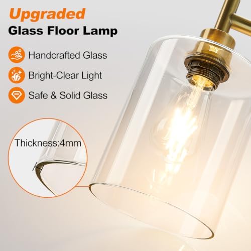【Upgraded】 Dimmable Floor Lamp for Living Room with Clear Glass Lampshade, Brass Modern Glass Floor Lamp with 900LM LED Bulb Included, Arc Standing Tall Lamp for Bedroom, Office, Reading Room, Corner - Image 6
