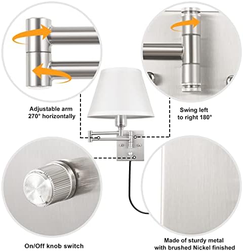 TRLIFE Wall Sconces Plug in, Remote Control Dimmable Wall Sconce and Adjustable Color Temperature 2700K-6500K, Swing Arm Wall Lights with Plug in Cord, 9.4" Medium White Fabric Shade(2 Pack, 2 Bulbs) - Image 6