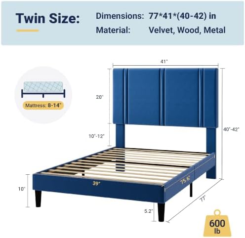 Allewie Twin Platform Bed Frame with Velvet Upholstered Headboard - Image 2