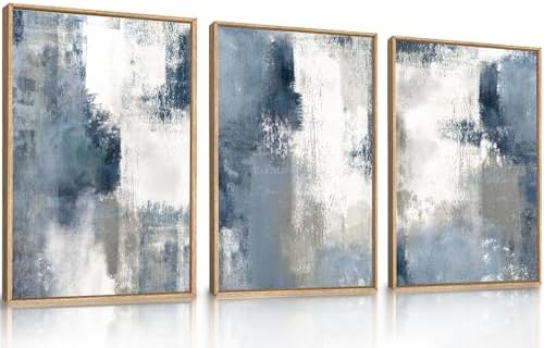 LHIUEM Large Abstract Brush Strokes Framed Canvas Wall Art Set,Navy Blue and Gray Wall Decor,Modern Color Block Shape Artwork,Minimalist Neutral Blue Printing for Living Room,Bedroom, Office-16''x24''x3 by LHIUEM