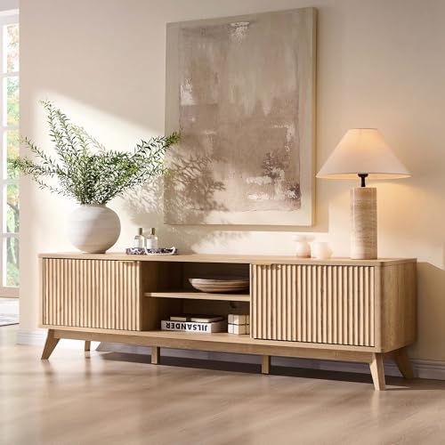 OKD 70" Mid Century Modern Fluted TV Stand w/ 2 Soft Close Door,Natural Oak - Image 5