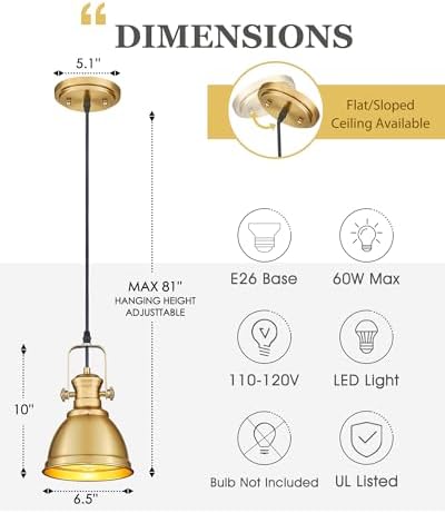 2-Pack Brushed Gold Pendant Lights for Kitchen Island, Metal Shade - Image 2