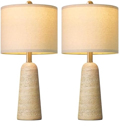 BOBOMOMO 21" Modern Table Lamps Set of 2, Warm Beige Resin Lamp with Stone Look, Small Bedside Lamps for Bedroom, Cozy Nursery Lamps with Linen Shades, Nightstand Lamp for Small Spaces, Entryway - Image 2