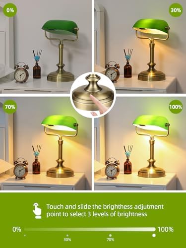 Vintage Banker Lamp, Antique Brass,Adjustable Green Shade, Touch Control - Image 3