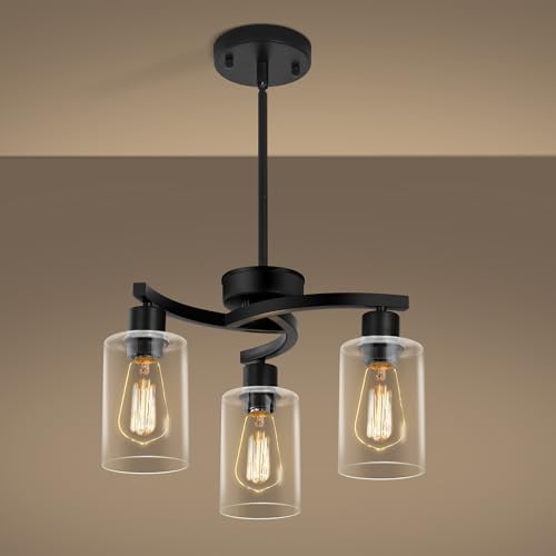CNRATYE 3-Light Modern Farmhouse Black Pendant Lights Kitchen Island, Adjustable Height Contemporary Chandeliers for Dining Room Light Fixture Hanging, Clear Glass Shade by CNRATYE