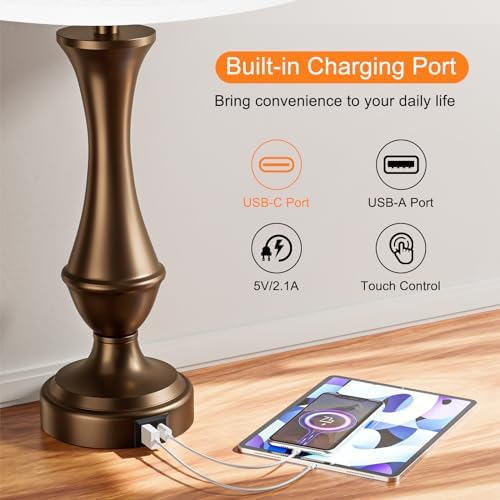 Touch Lamps for Nightstand, 3 Way Dimmable Lamps for Bedroom with USB C+A - Image 4