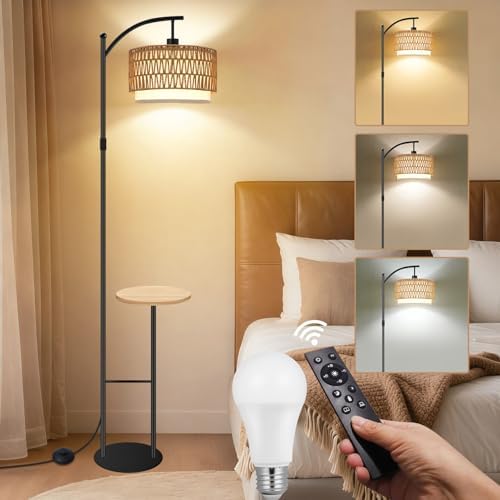 Vinaco Rattan Boho Floor Lamp with Table, Dimmable Remote & Foot Switch by LightingMadeSimple