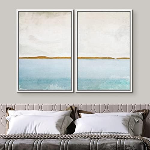 SIGNWIN Framed Canvas Print Wall Art Set Gold Blue Ocean Sea Beach Landscape Nature Wilderness Illustrations Modern Art Decorative Rustic Chic for Living Room, Bedroom, Office - 24"" x36 x2 White - Image 3