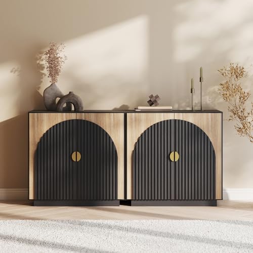BELLEZE Set of 2 Modular Fluted Sideboard Buffet Cabinet with Storage, Mid-Century Modern Console with Symmetrical Arched Doors, Elegant Credenza for Kitchen, and Living Room, Camel by BELLEZE