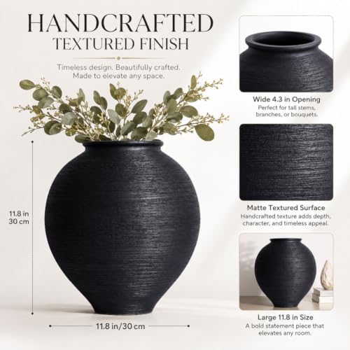 Large Blak Ceramic Vase - 11.8 Inch Large Black Round Vase, Rustic Farmhouse Vase for Home Decor, Dining Table, Shelf, Bedroom, Living Room, Kitchen, Office, Bathroom, Mantle, Centerpiece Décor - Image 3