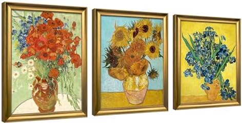 Wieco Art Framed 3 Panels Wall Art of Vincent Van Gogh Paintings Red Poppies and Daisies Sunflower Irises in Vase Canvas Prints for Wall and Home Decorations Bronze Gold Frame by WiecoArt