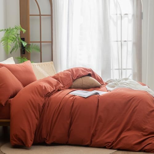 BESTOUCH Cotton Solid Duvet Cover Set Burnt Brick Red Oversized Full - Image 3