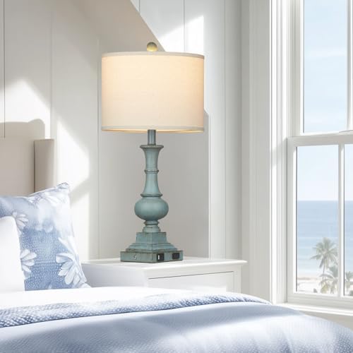 Lolikit 26" Tall Coastal Farmhouse Lamp for Living Room, Vintage Table Lamp with USB A/C Charging Ports & AC Outlets for Nightstand,3-Way Dimmable Touch Control Bedside Lamp for Bedroom End Table Blue - Image 7