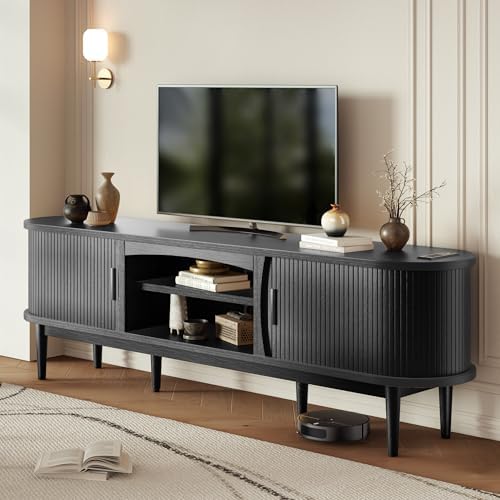 Decofy Mid Century TV Stand for TVs up to 90 Inches, Entertainment Center with Storage, Power Outlet, Fluted Sliding Doors & Adjustable Shelves, Modern Media TV Console Table for Living Room (Black) - Image 7