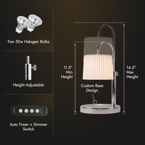Dimmable Glass Candle Warmer Lamp with Timer - Adjustable Height Candle Lamp Warmer with Timer (8H/4H/2H) - Wax Melter - Ideal Gift, fits Various Size Scented Candles - 02 Bulb - (Silver Chrome) - Image 3