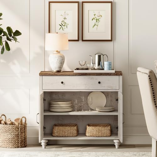 WAMPAT Buffet Cabinet with Doors & Drawer, Large Coffee Bar Table Wood Kitchen Storage Cabinets with Storage Cabinets, Modern Farmhouse Sideboard Credenza for Dining Room, Rsutic White, 34 inch - Image 4
