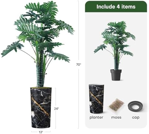 Artificial Tree in Modern Granite Effect Planter, Fake Philodendron Tree Silk Trees for Indoor and Outdoor Home Decoration - 70" Overall Tall (Plant Pot Plus Tree) - Image 3